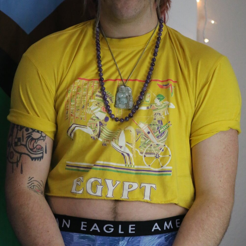 Vintage Egypt Single Stitch Canary Yellow Cotton Breathable DIY Cropped TShirt L